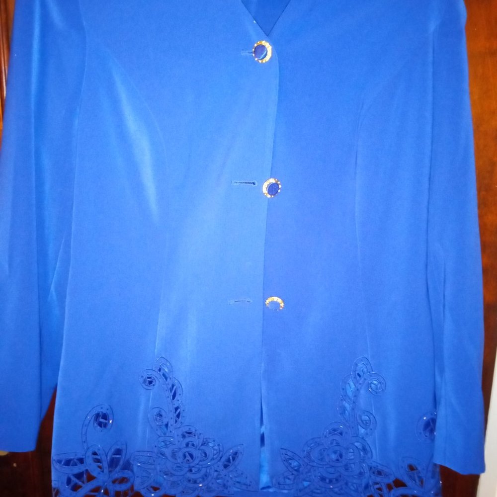 CHURCH/WORKFLOW!! 2-piece royal blue printed skirt suit